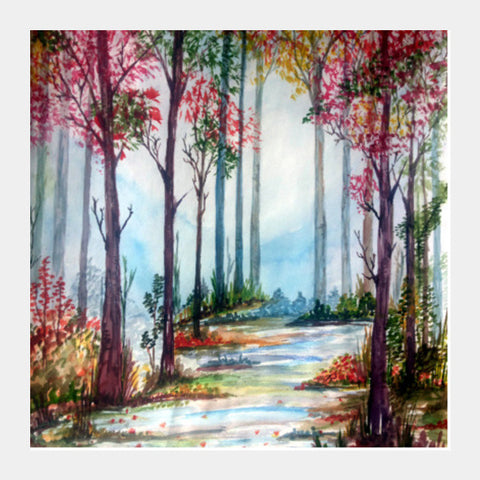 Square Art Prints, Autumn/ Fall Landscape Watercolor Painting Square Art Prints