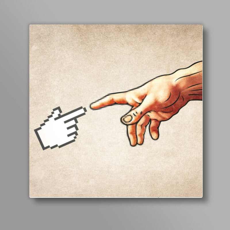 Funny 8bit Nerd & Geek Humor (Creation of Adam Parody) Square Art Prints