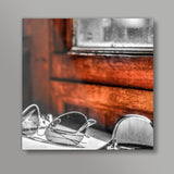 glass by the orange wall Square Art Prints