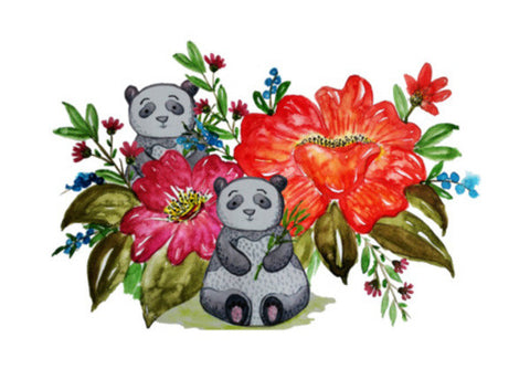 Cute Panda Bear And Flowers Cartoon Animal Background Illustration Wall Art