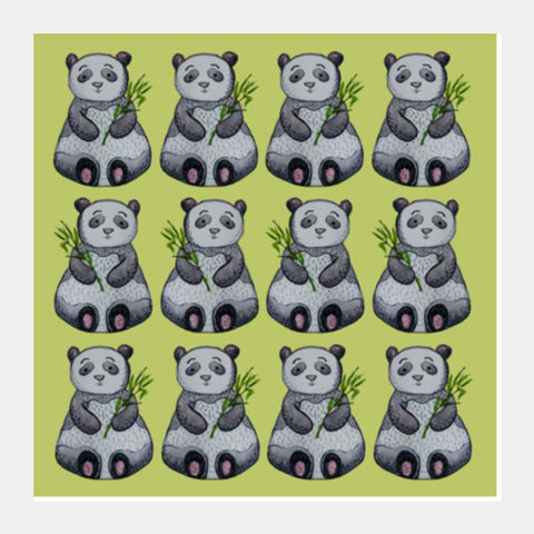 Cute Cartoon Panda Bears Animal Pattern On Green Background Square Art Prints