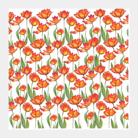 Painted Red Tulip Flowers Spring Garden Pattern Square Art Prints