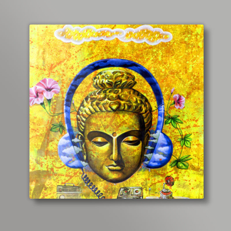 headphone buddha yellow Square Art Prints