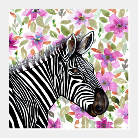 Watercolor Zebra Floral Animal Illustration Decorative Wall Art Square Art Prints