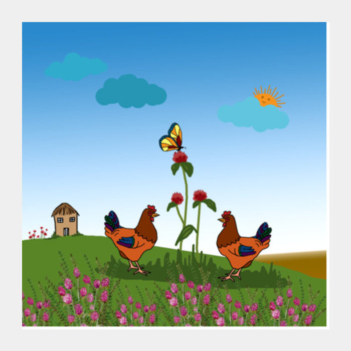 Two Hen Chicken Bird Art Kids/Children Nursery Decor Poster Illustration Square Art Prints