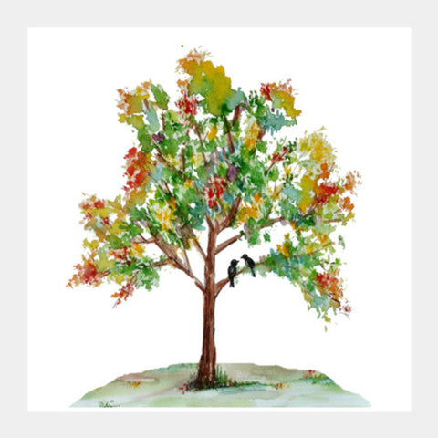 Colorful Spring Tree Watercolor Seasonal  Square Art Prints