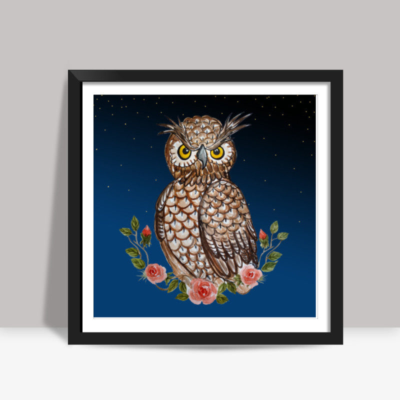 Night Owl Cartoon Bird Painting Illustration Square Art Prints