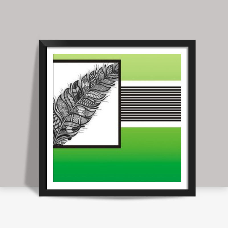 Greens Design- Black and White intricate leaf on colour background Square Art Prints