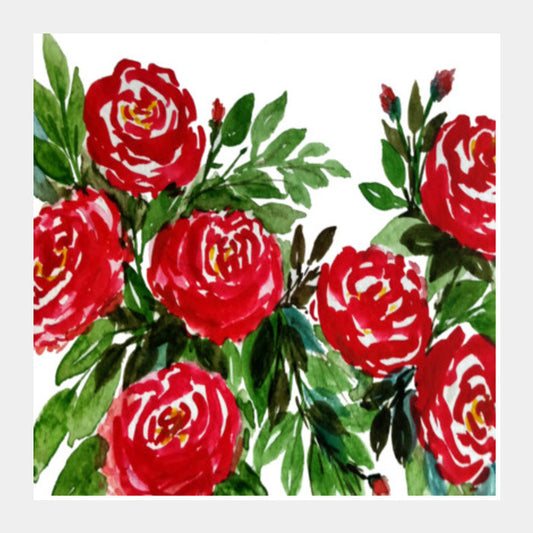 Square Art Prints, Red Roses Watercolor Floral Blooms Square Art Prints