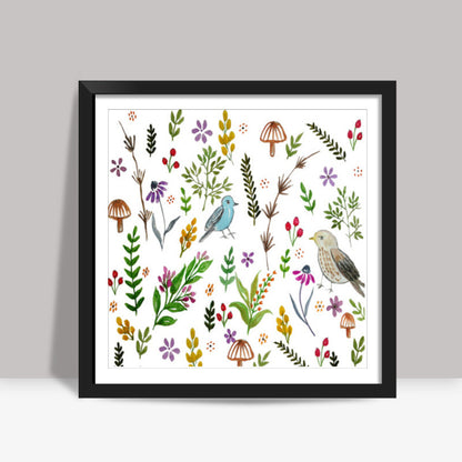 Colorful Nature Doodle Cute Bird Spring Watercolor Decorative Pattern Square Art Prints