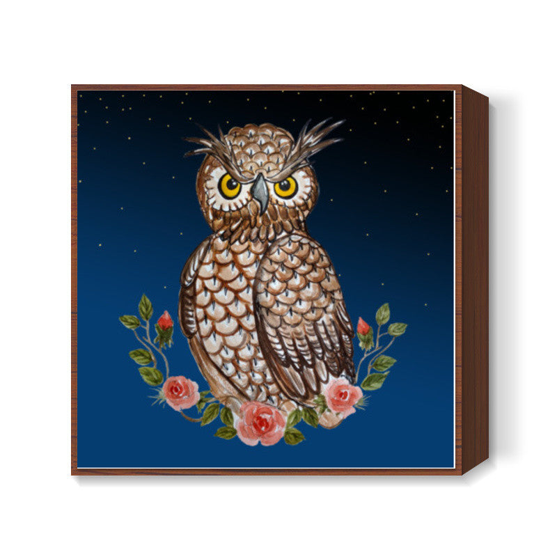Night Owl Cartoon Bird Painting Illustration Square Art Prints