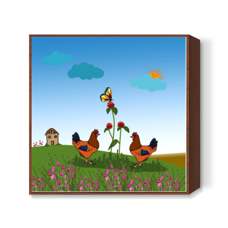 Two Hen Chicken Bird Art Kids/Children Nursery Decor Poster Illustration Square Art Prints