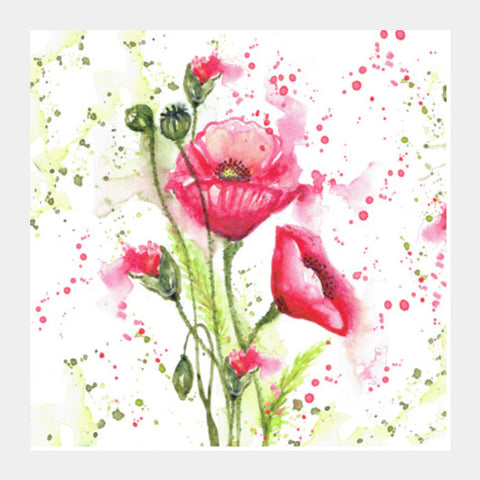 Beautiful Watercolor Pink Poppy Flowers Painting Modern Floral  Square Art Prints