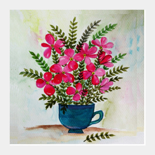 Square Art Prints, Pink Flowers in Teacup Watercolor Painting Square Art Prints