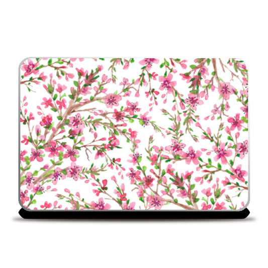Elegant Pink Cherry Blossom Watercolor Floral Pattern Laptop Skins