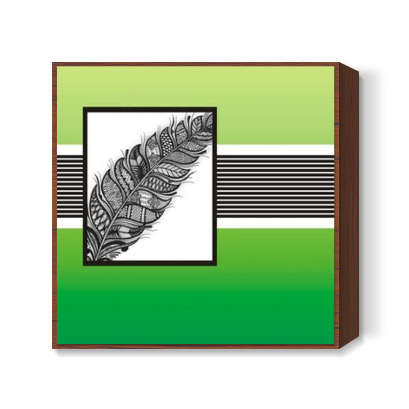 Greens Design- Black and White intricate leaf on colour background Square Art Prints