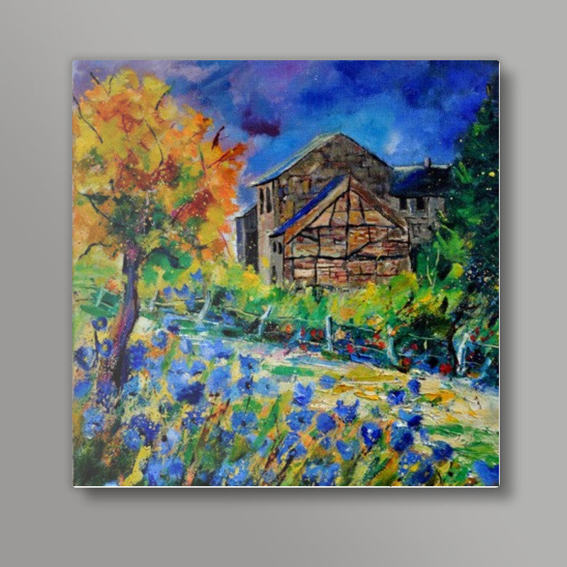 Blue flowers and old houses Square Art Prints