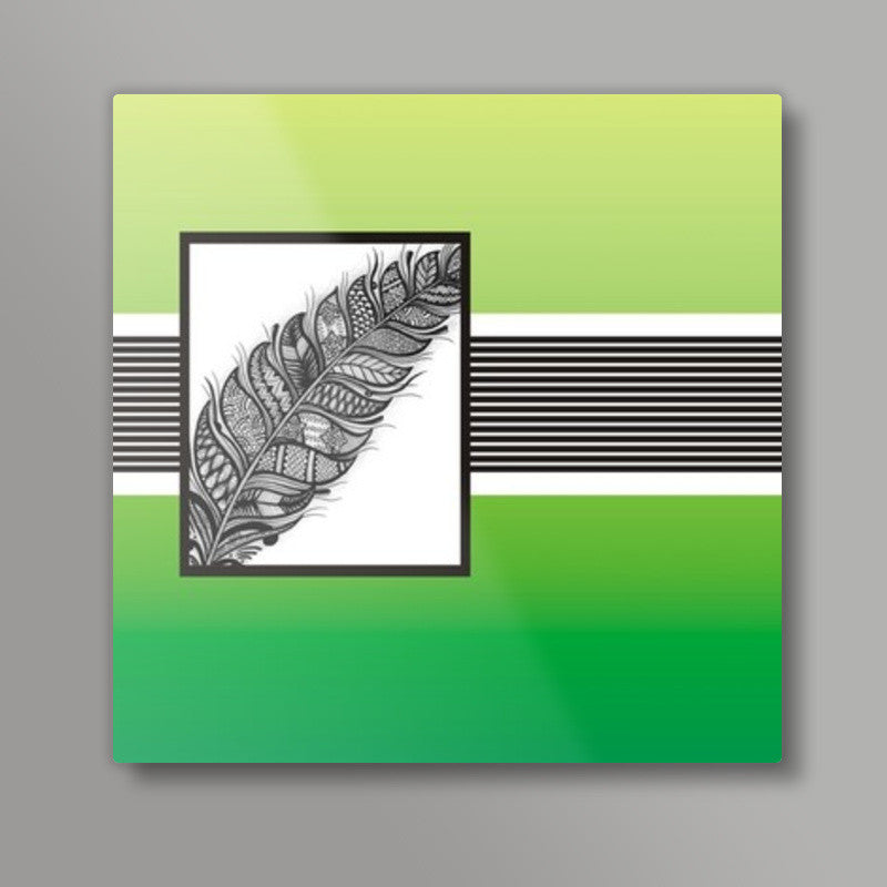 Greens Design- Black and White intricate leaf on colour background Square Art Prints