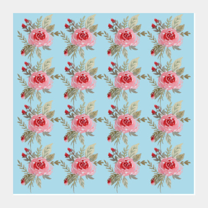 Mint Blue Pink Rose Floral Background Pattern Square Art Prints