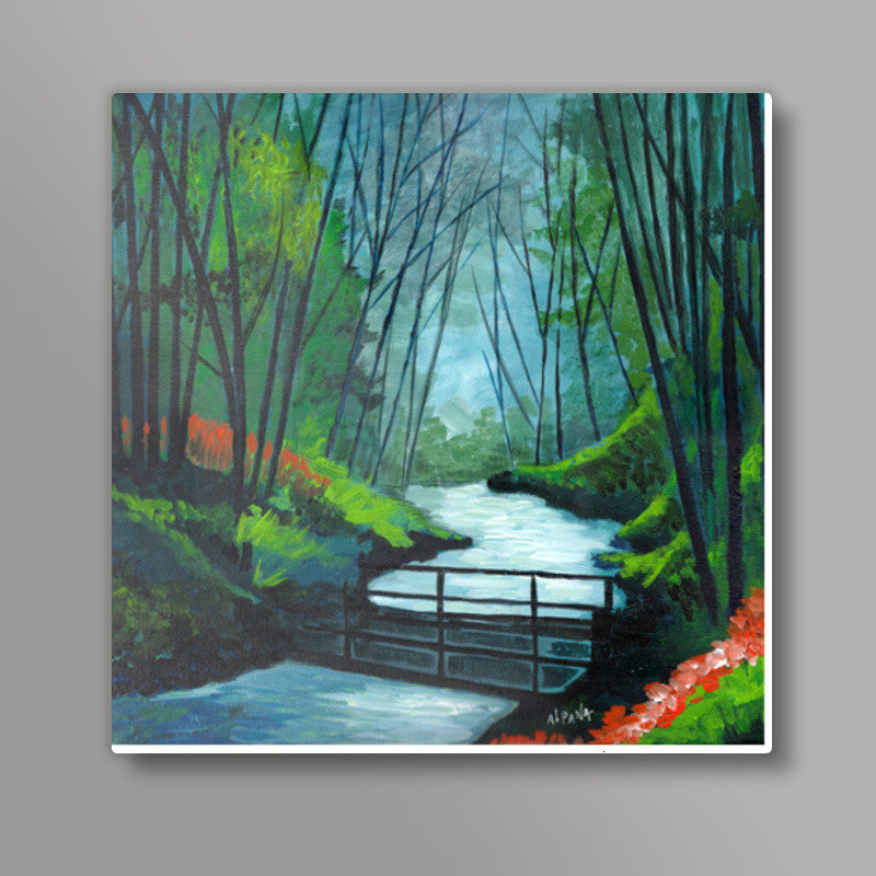 River in the woods Square Art Prints