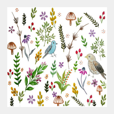 Colorful Nature Doodle Cute Bird Spring Watercolor Decorative Pattern Square Art Prints