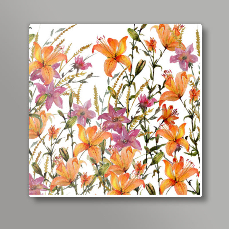 Wildflowers And Lilies Floral Springtime   Square Art Prints