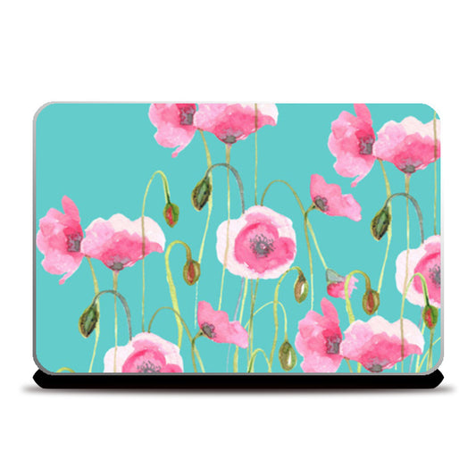 Blooming Pink Poppy Flowers Design Mint Floral  Laptop Skins