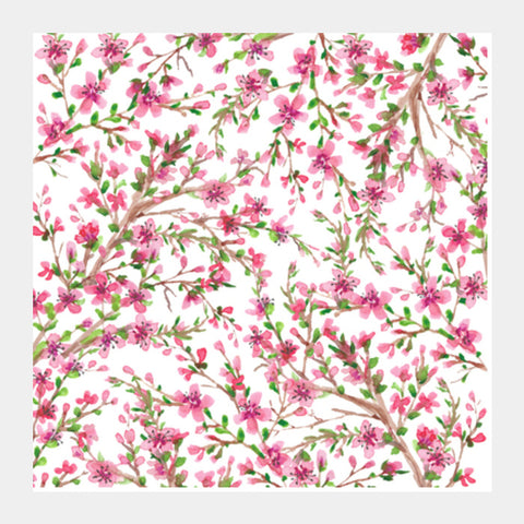 Elegant Pink Cherry Blossom Watercolor Floral Art Background Square Art Prints