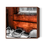 glass by the orange wall Square Art Prints