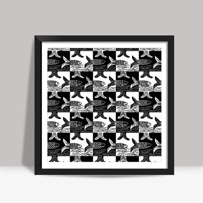 Tribal Black And White Checkered Fish Pattern Square Art Prints