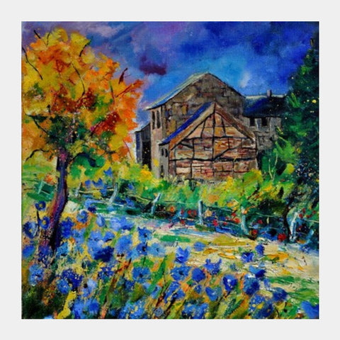Square Art Prints, Blue flowers and old houses Square Art Prints