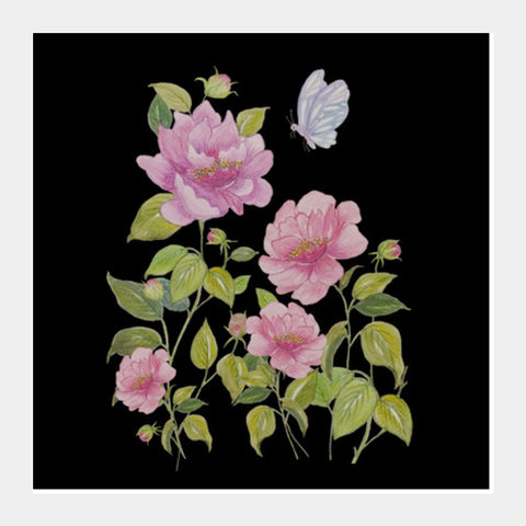 Pink Wildflowers On Black Background Watercolor Spring Illustration Square Art Prints
