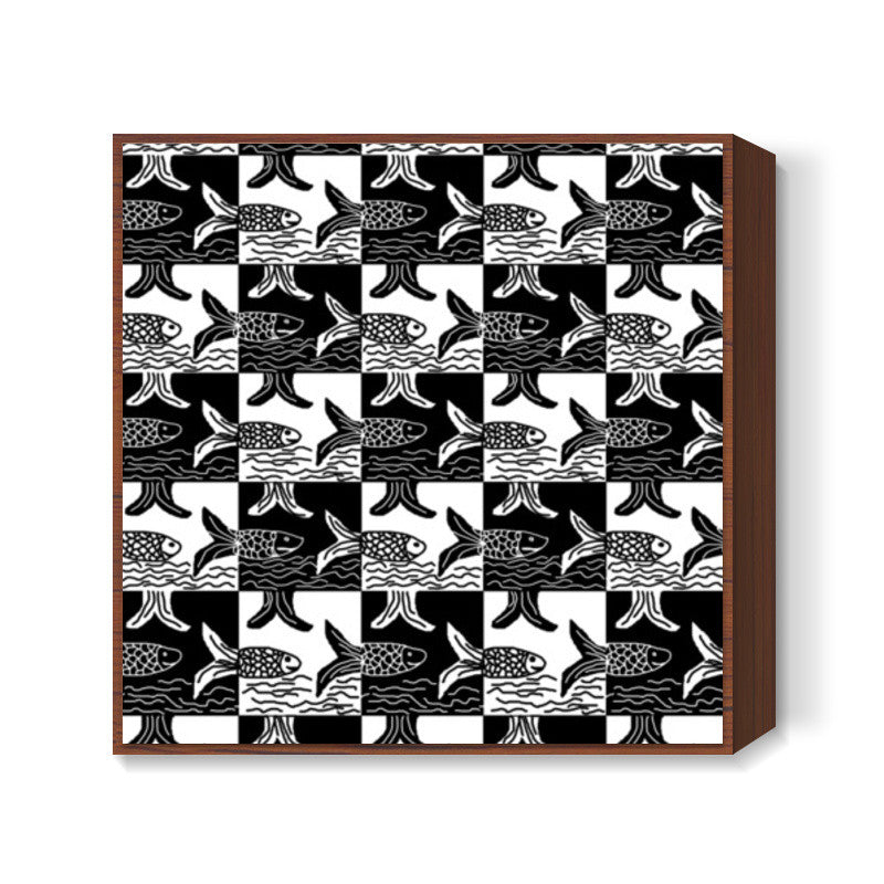 Tribal Black And White Checkered Fish Pattern Square Art Prints