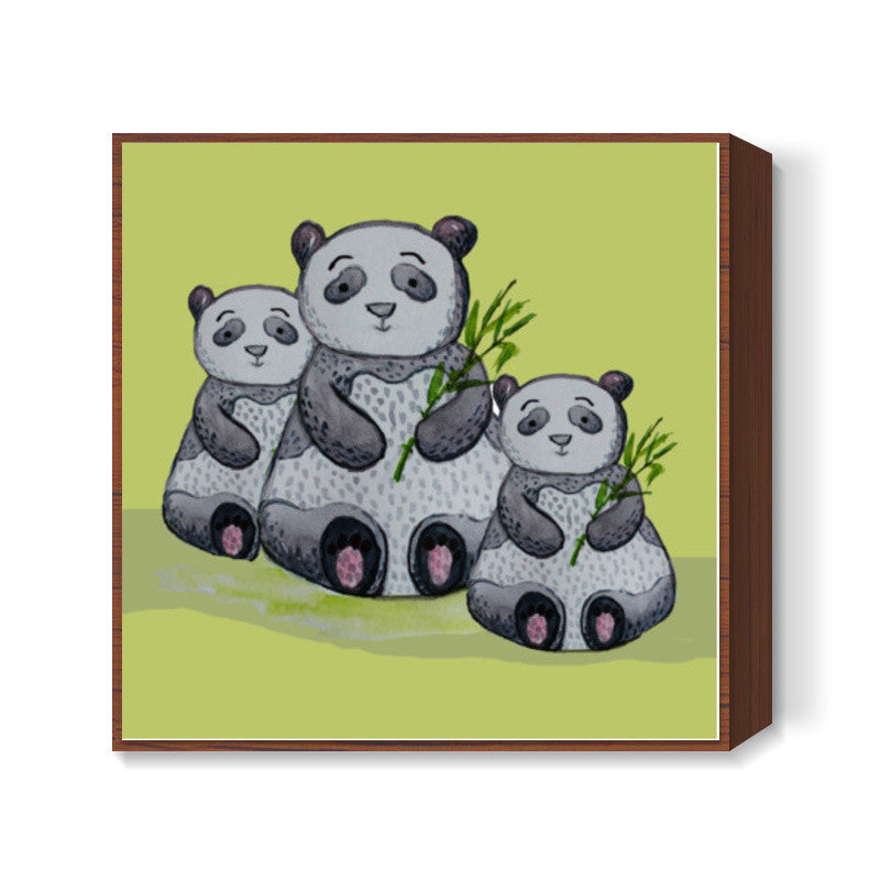 Cute Panda Bear Trio Painted Cartoon Animal Poster For Children Square Art Prints