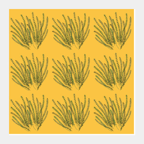 Watercolor Foliage Green Leaves Pattern On Yellow Background Square Art Prints