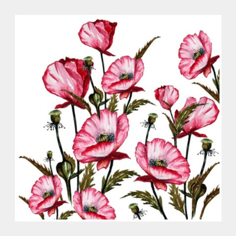 Square Art Prints, Painted Pink Poppies Floral Art Square Art Prints