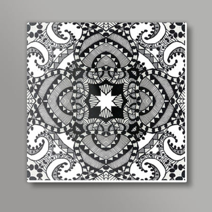 Black And White Ethnic Ornate Decorative Doodle Background Square Art Prints