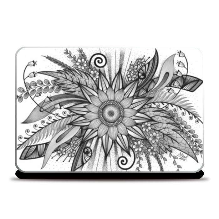 Sunflower- Floral Starburst Blackandwhite Doodle Laptop Skins