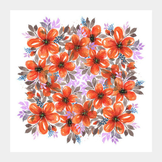 Orange Spring Blooms Watercolour Floral Decor Square Art Prints
