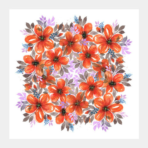 Orange Spring Blooms Watercolour Floral Decor Square Art Prints