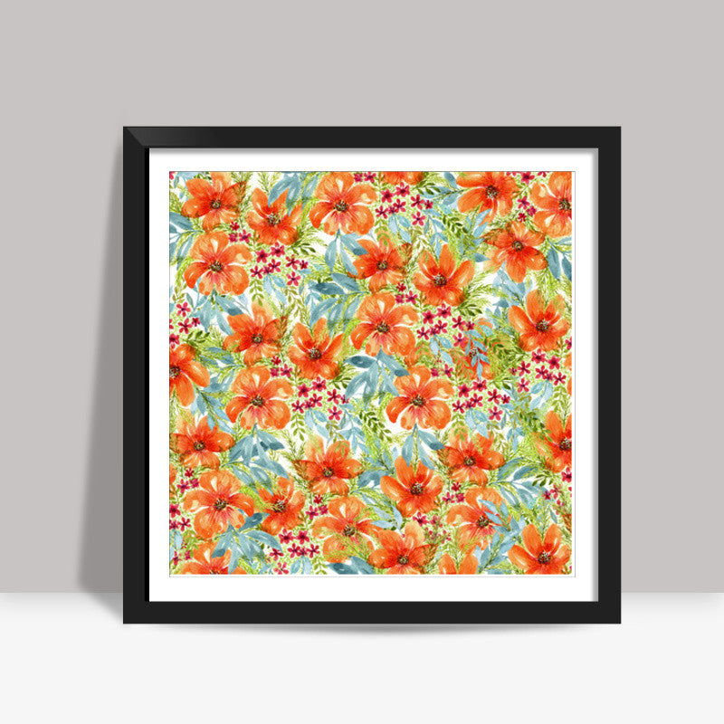 Orange Watercolor Flowers Painting Spring Background Floral Pattern Square Art Prints