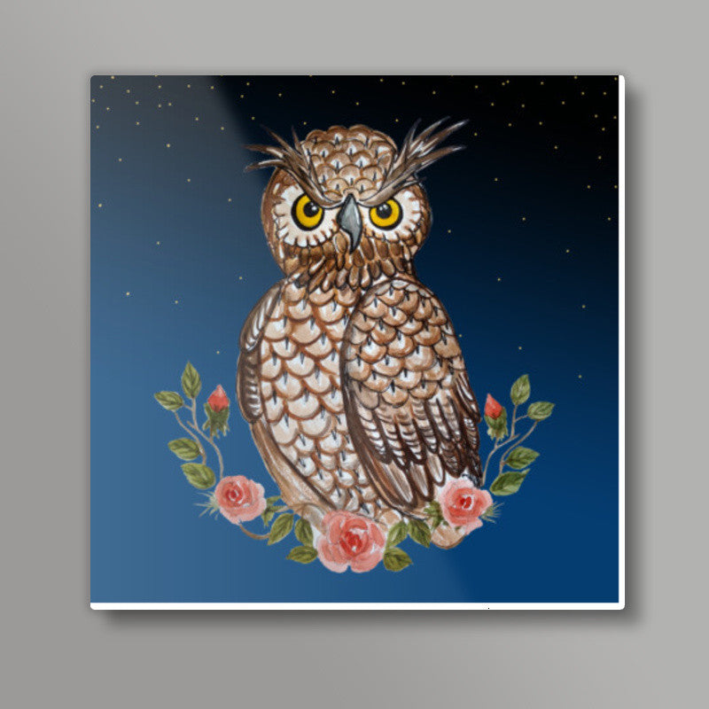 Night Owl Cartoon Bird Painting Illustration Square Art Prints