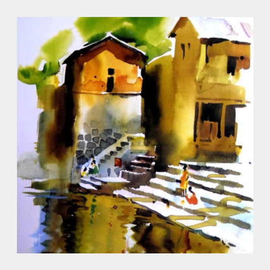 Village River Painting Square Art Prints