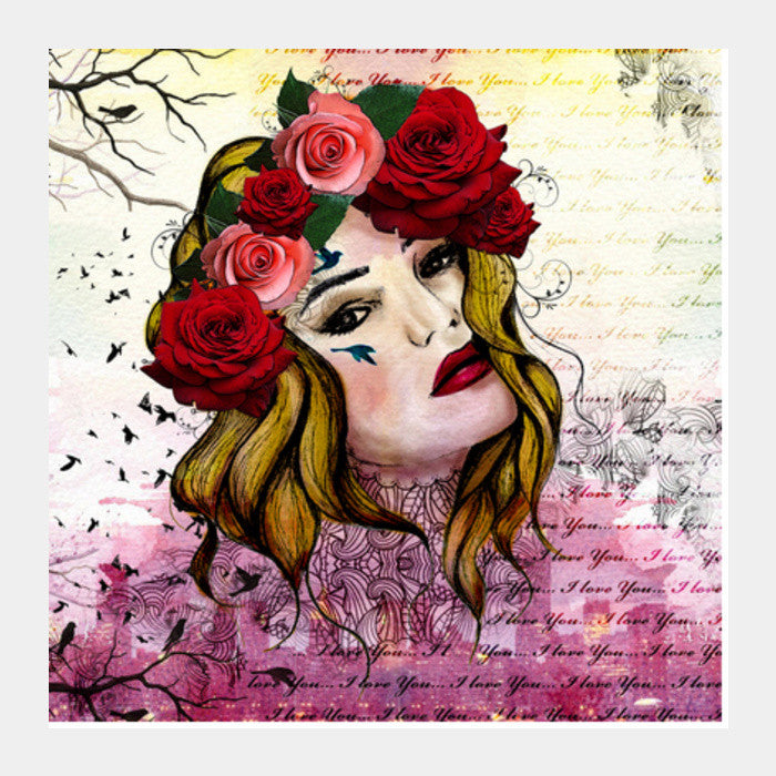 Mixed media flower girl Square Art Prints