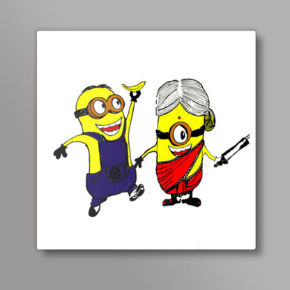 Minions love #minions #banana #cute Square Art Prints