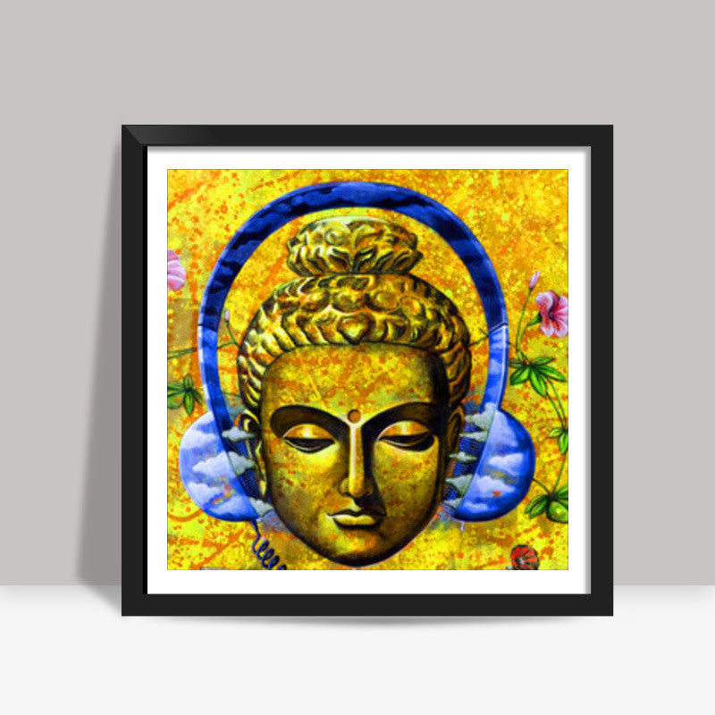 headphone buddha yellow Square Art Prints