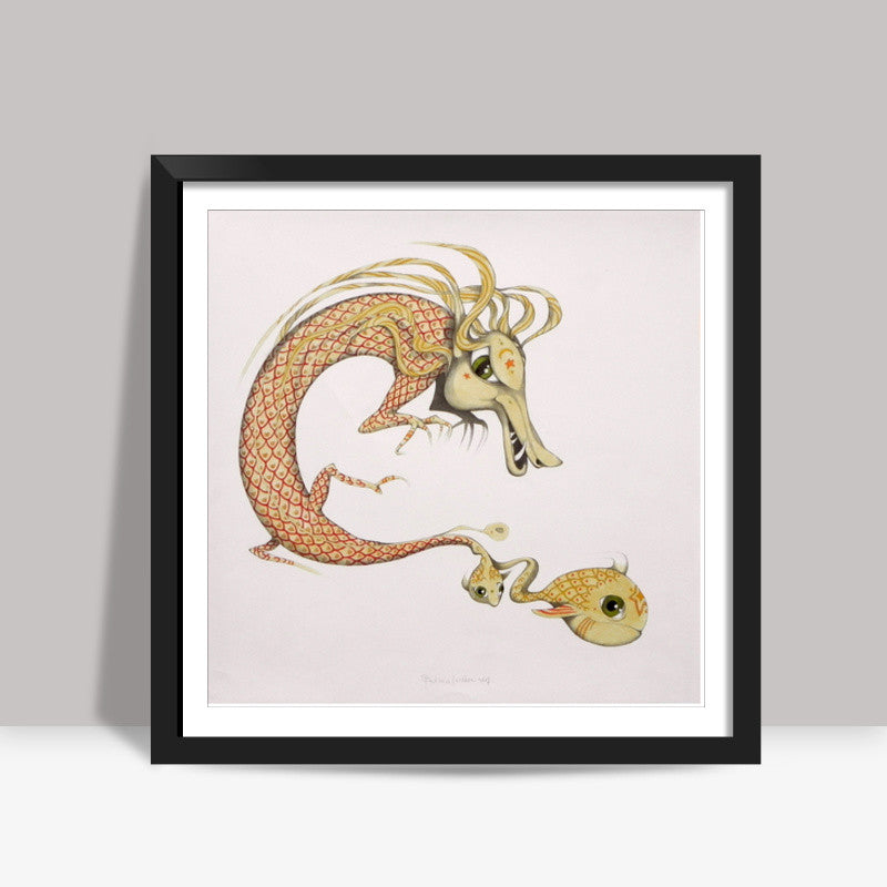 dragon with fish Square Art Prints