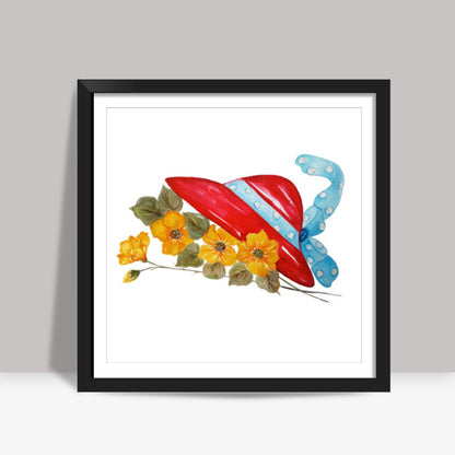 Red Hat And Flowers Artwork Square Art Prints