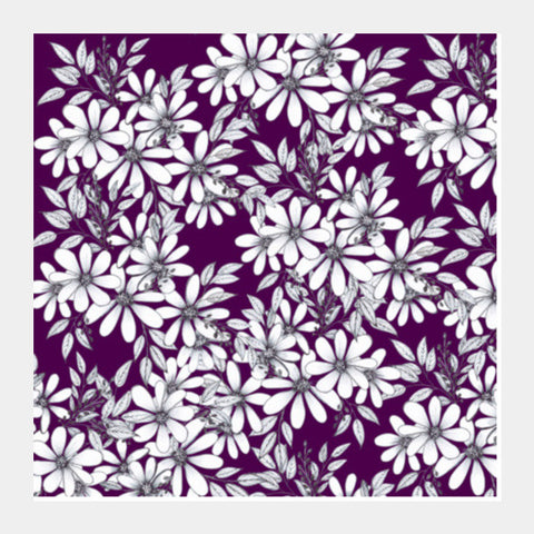 White Flowers on Purple Beautiful Floral Design Background Square Art Prints