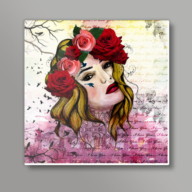Mixed media flower girl Square Art Prints